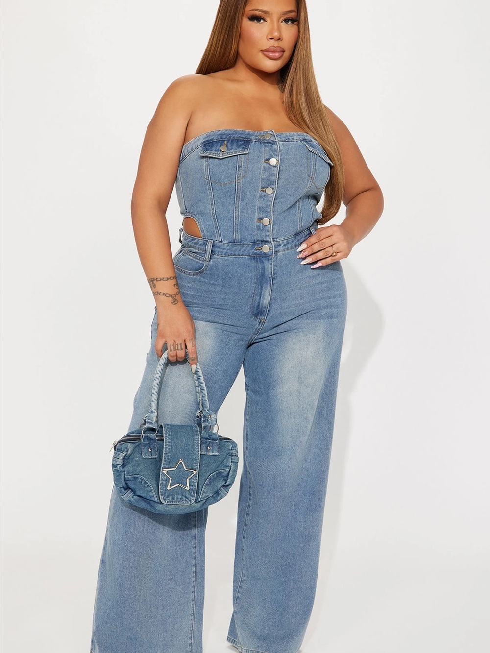 Fashion Nova Strapless Cut out Denim Jumpsuit
MEASUREMENTS BELOW